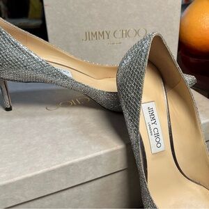 Jimmy Choo Romy 60 Silver Glitter Low Heel Pumps Size EU 42
